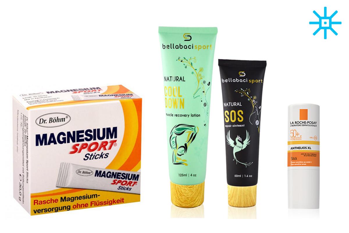 Wintersport-Paket für den Skiurlaub aus Sonnencreme, kühlenden Sportsalben und Magnesium gegen Muskelkrämpfe