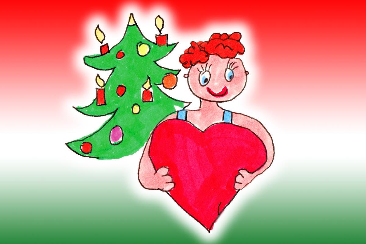 Zeichnung von Cosima Reif, die Karin Simonitsch mit Herz und Tannenbaum zeigt