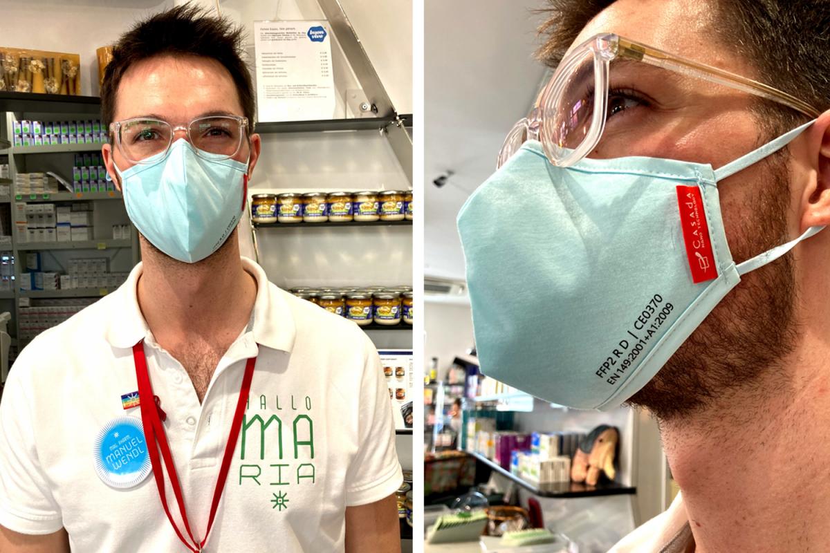Apotheker in der Marien Apotheke mit FFP2-zertifizierter Nano-Maske