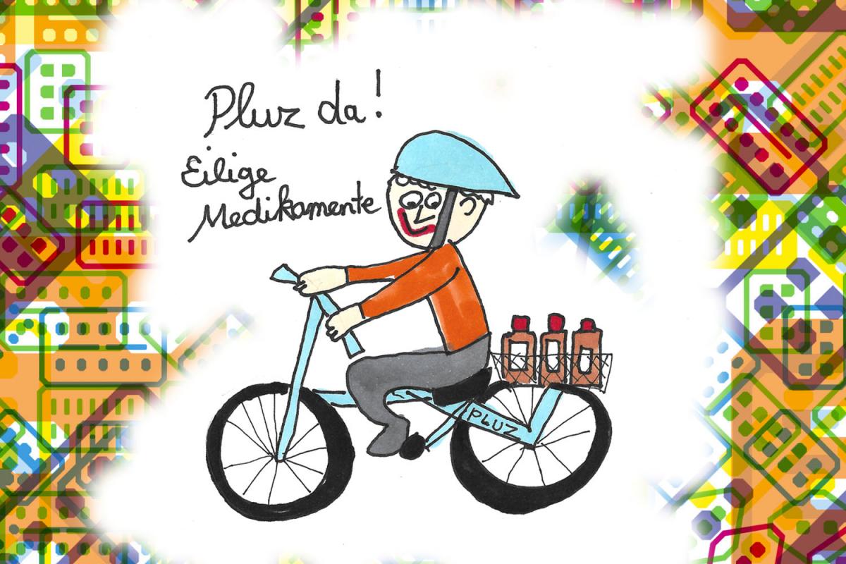 Illustration eines Fahrradboten von Pluz Care im Xundheitspackerl Jänner 2023 von Cosima Reif
