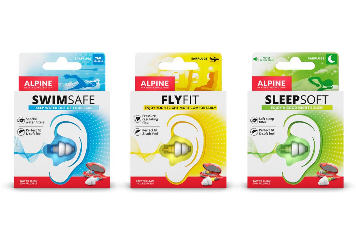 Drei Verpackungen mit verschiedenen Arten von Gehörschutz-Kapseln von Alpine