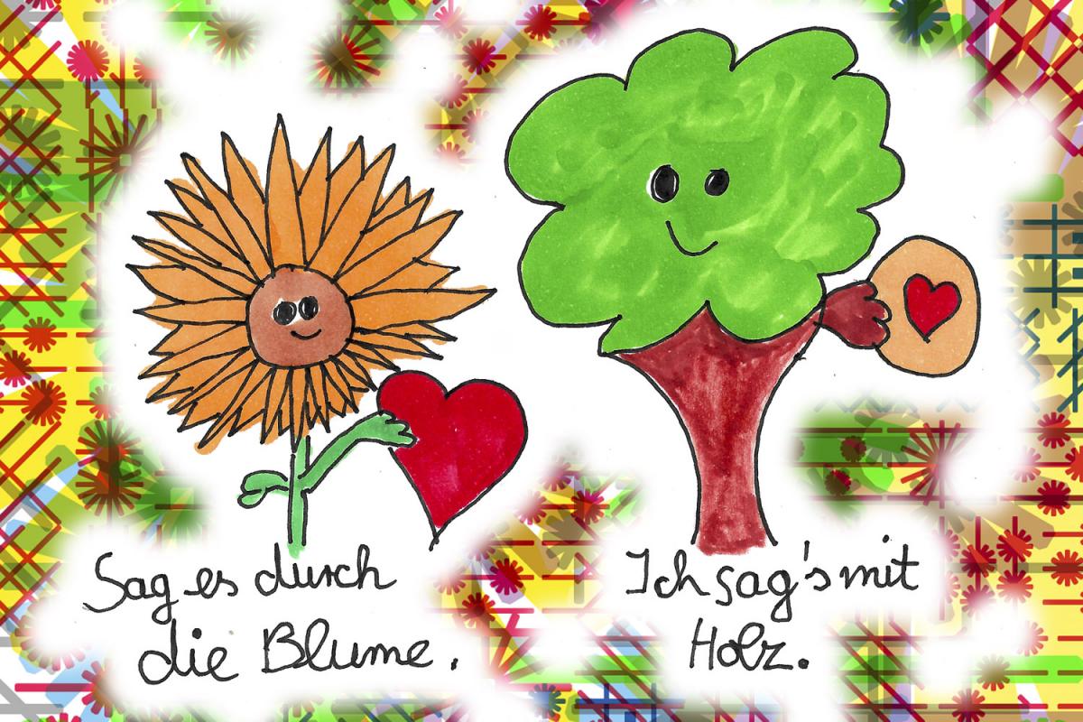 Humoristische Zeichnung einer Blume und eines Baumes mit dem Text