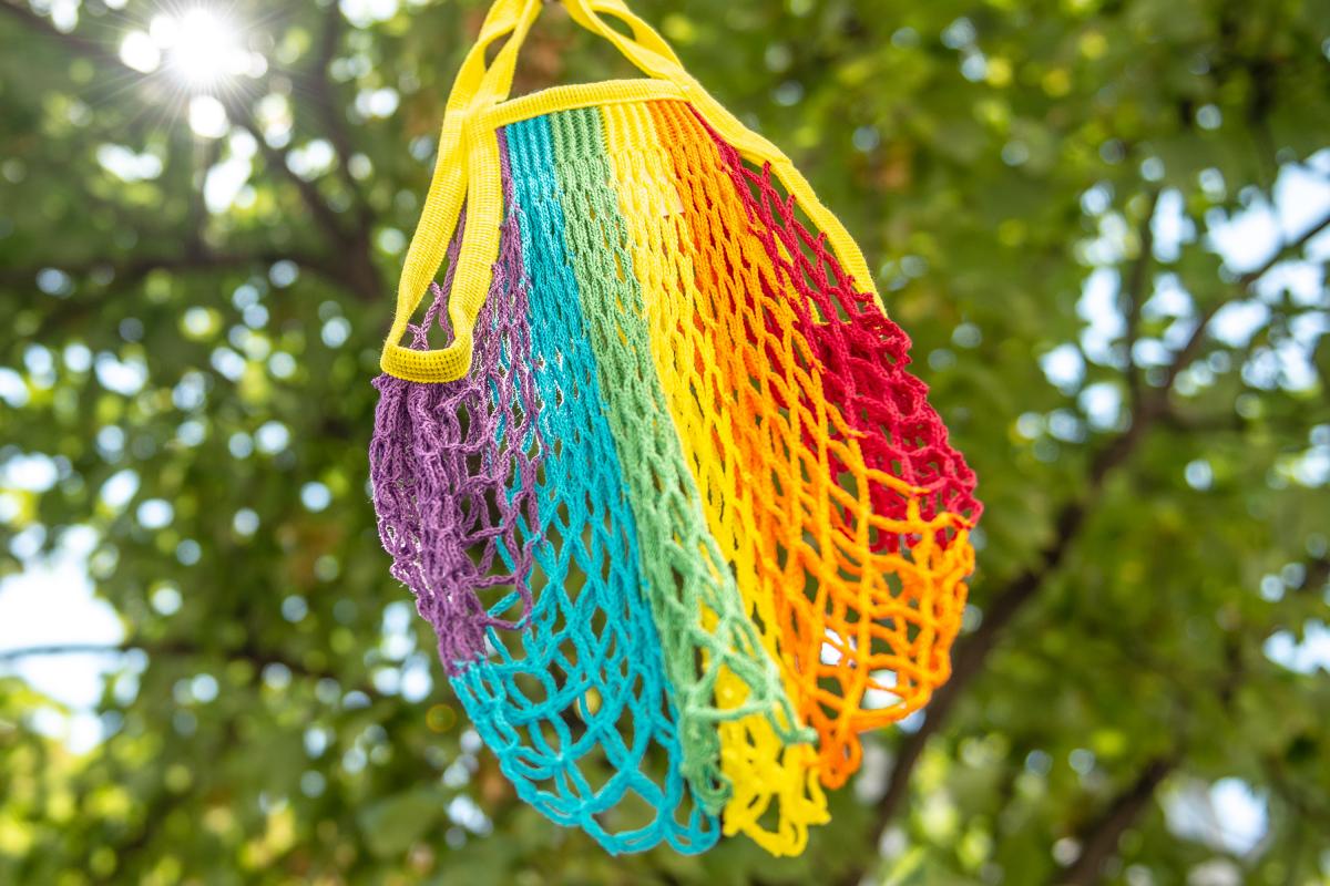 Netztasche in Regenbogenfarben, die an einem Zweig hängt und im Wind flattert