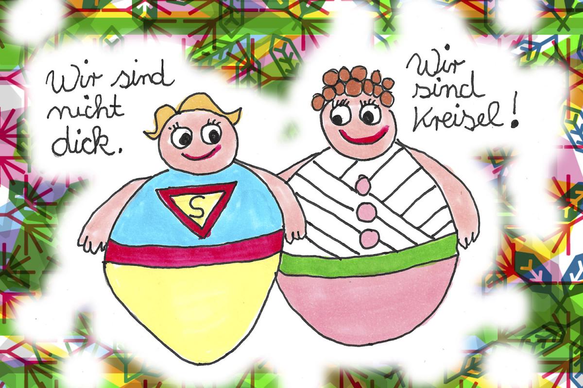 Humoristische Zeichnung zweier menschlicher Kreisel im Superman-Kostüm mit dem Text