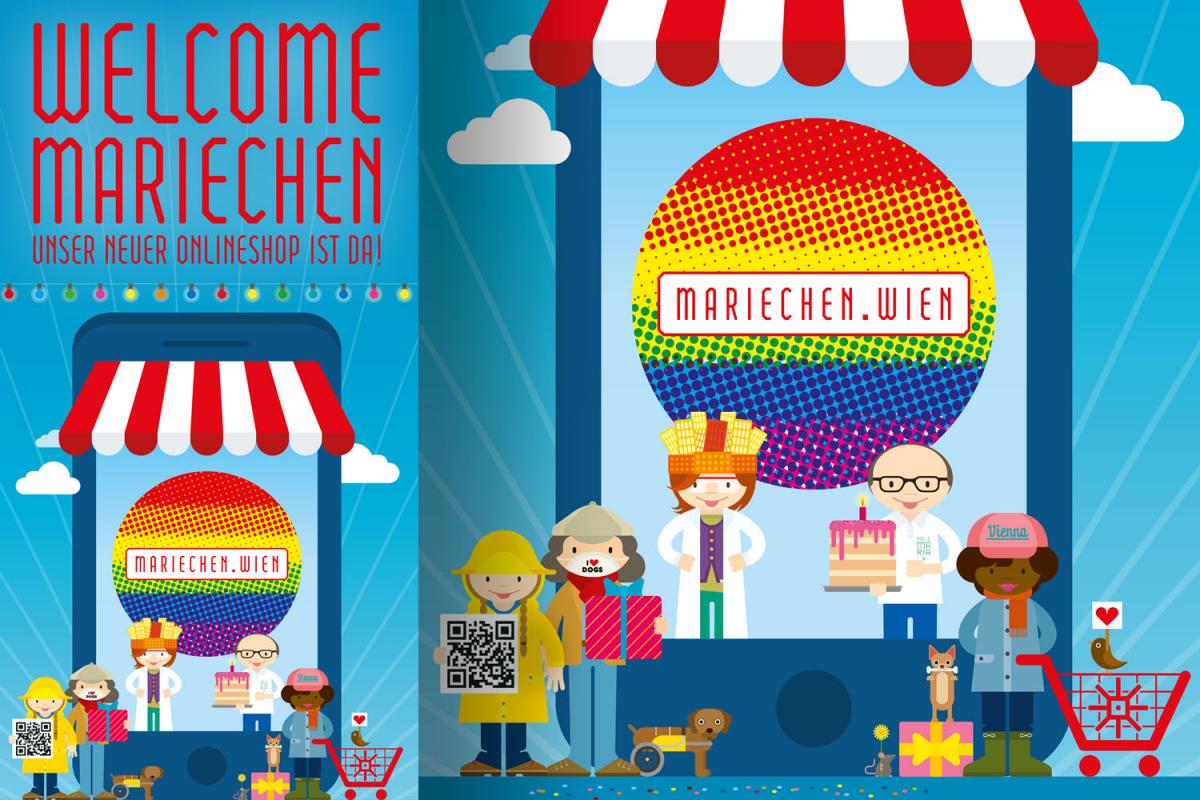 Illustration eines Geschäfts mit Regenbogenfarben, das den Onlineshop der Marienapotheke Mariechen.wien darstellt