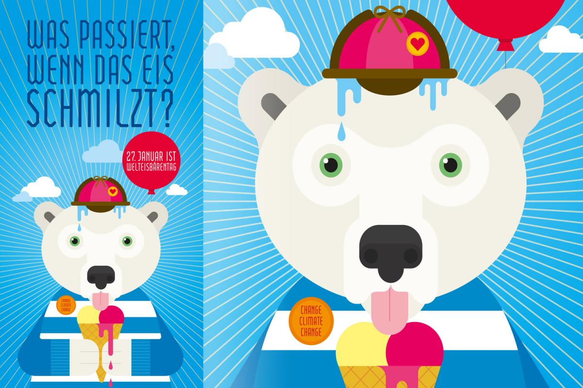 Illustration eines Eisbären, der ein Stanitzel mit drei Kugeln Eis isst. Darüber ist zu lesen: