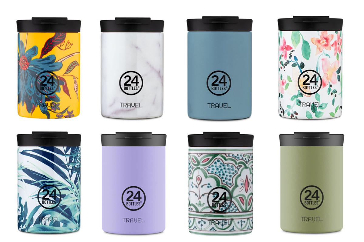 Edelstahl-Thermosbecher mit unterschiedlichen, bunten Motiven von 24bottles