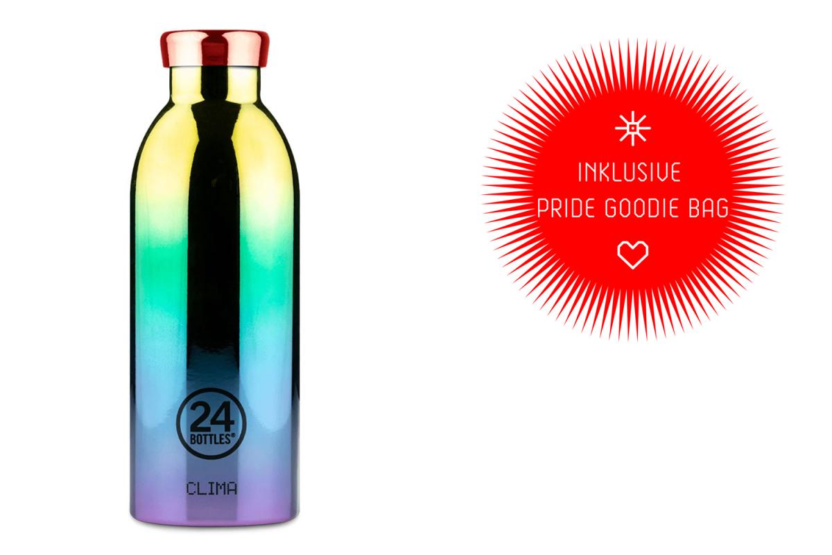 Regenbogen-farbene Trinkflasche von 24bottles. Daneben ist ein roter Stern. Darin steht der Text