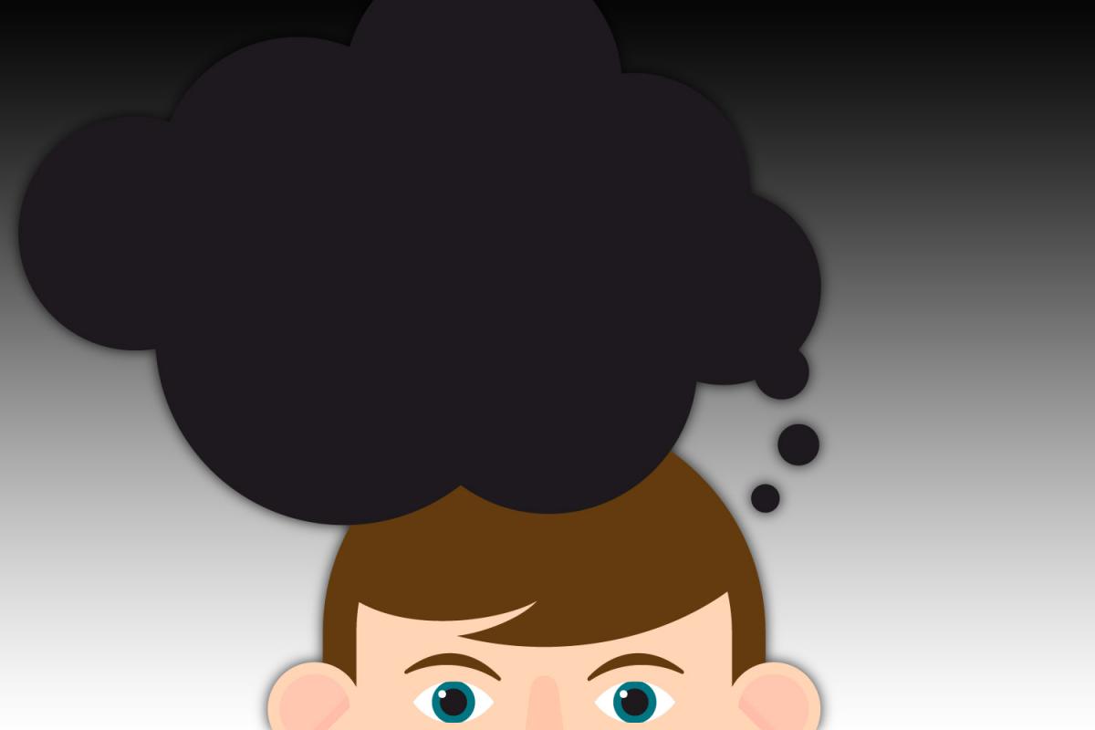 Illustration eines Männer-Kopfes, der eine schwarze Gedanken-Wolke über sich hat. Die Illustration stammt von Rike Hofmann. 