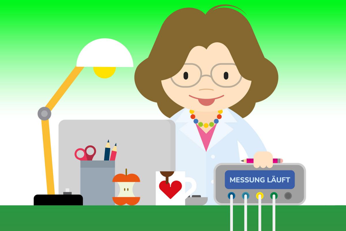Illustration der Diätologin Claudia Schinnerer, die an ihrem Schreibtisch sitzt und Laptop und BIA-Messgerät vor sich stehen hat