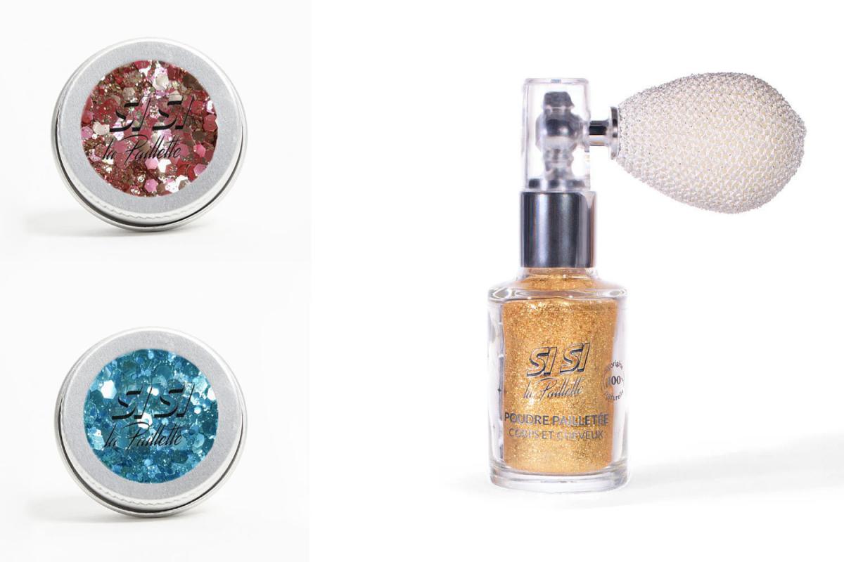 Links im Bild sind zwei Döschen mit losem Glitzer zu sehen, rechts steht ein Glitzer--Spray von Si Si La Paillette