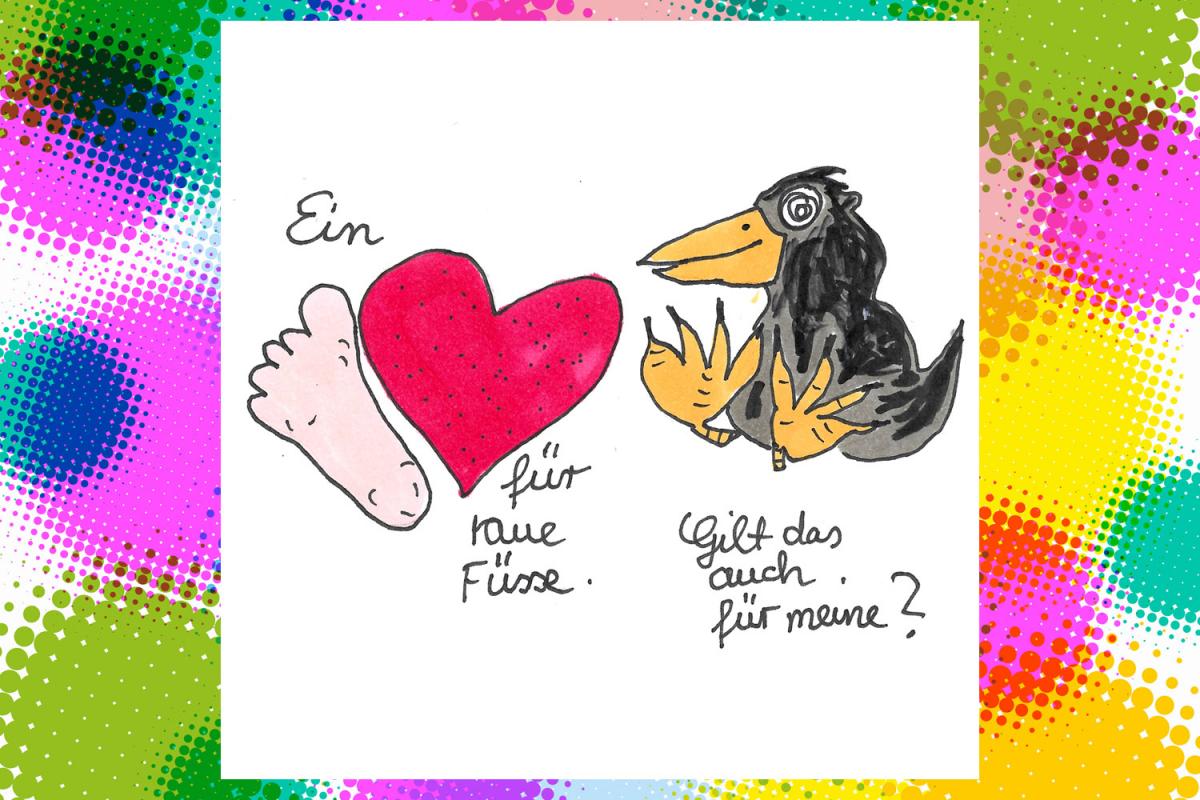 Humoristische Zeichnung eines Fußes mit Herz und eines Raben. Links steht
