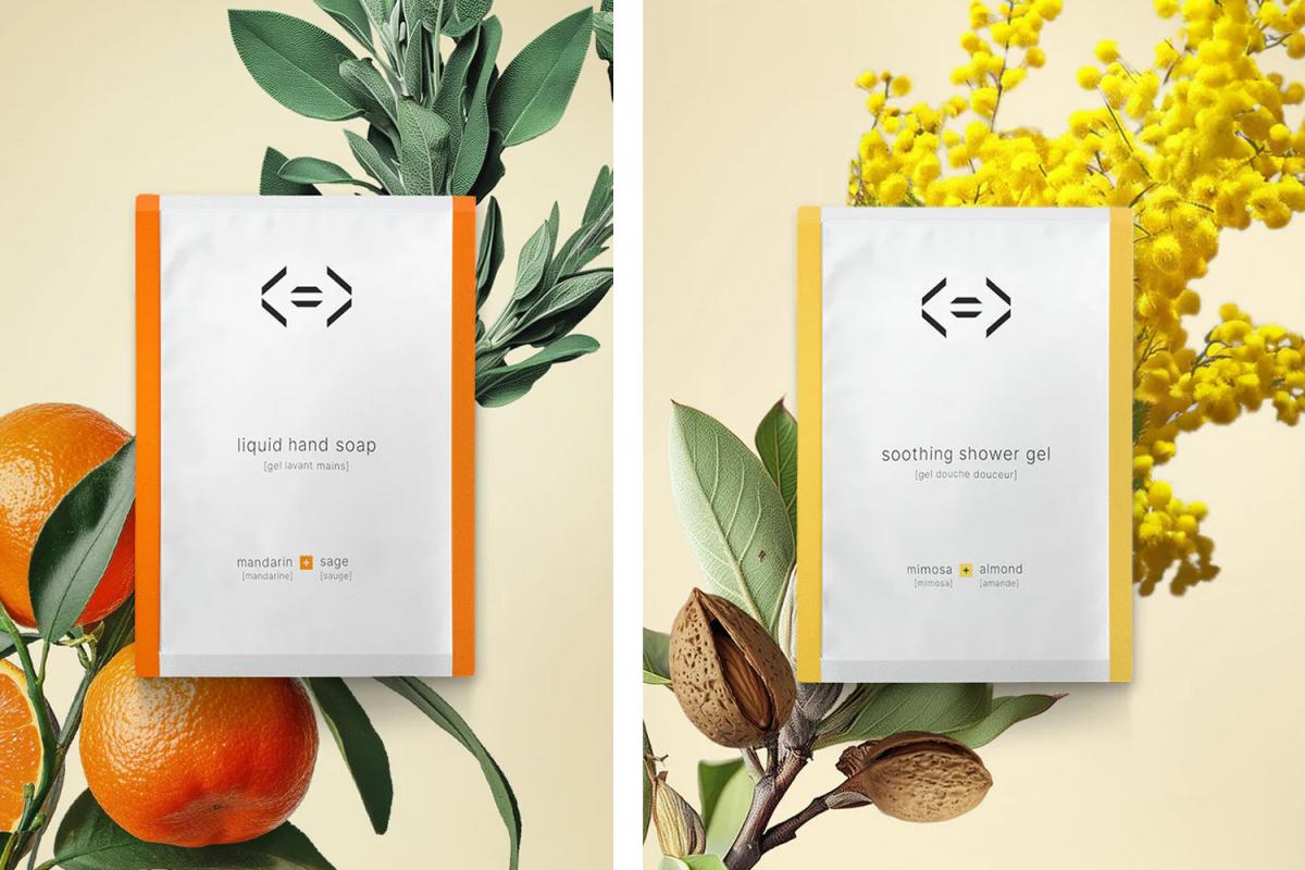 Sachet für Handseife in Mandarine+Salbei und Sachet für Duschgel in Mimose+Mandel