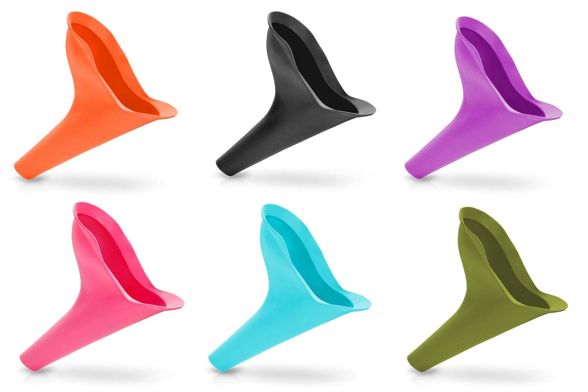 Frauenurinal Pipilotta in sechs verschiedenen Farben. In der oberen Reihe in orange, anthrazit und violett und in der unteren Reihe in pink, türkis und olivgrün