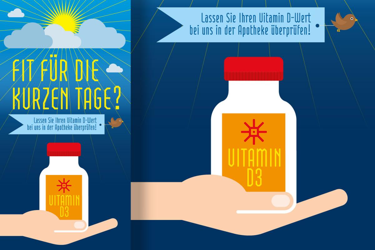 Illustration einer Hand die eine Dose hält, auf der Vitamin D3 steht. Darüber fliegt ein kleiner Vogel, der ein Transparent nach sich zieht. Auf diesem steht: 