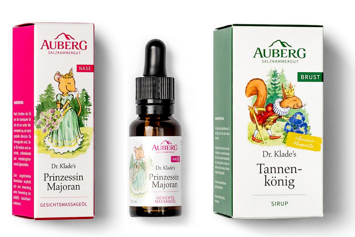 Auberg Produkte Prinzessin Majoran Gesichtsmassageöl und Tannenkönig Hustensirup