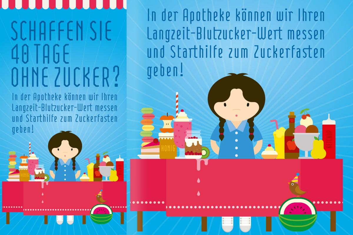 Illustration einer Frau, die vor einem Tisch mit Süßigkeiten und Fast Food sitzt. Darüber steht: Schaffen Sie 40 Tage ohne Zucker?