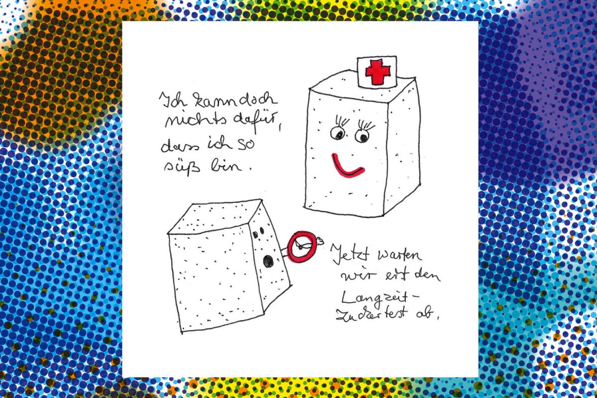 Humoristische Zeichnung zweier Zuckerwürfel. Der eine sagt zum anderen:
