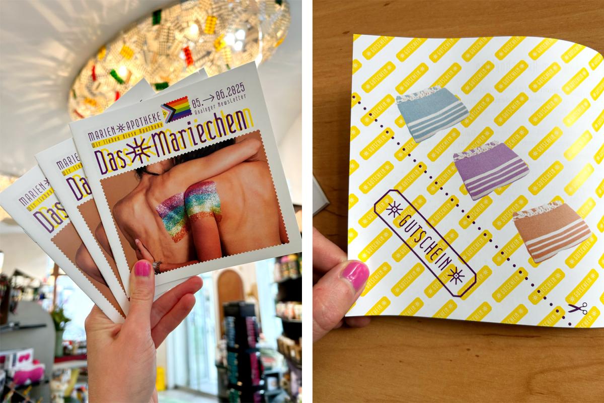 Links im Bild ist eine Hand zu sehen, die drei DAS MARIECHEN-Hefte der Mai/Juni-Ausgabe in der Marien Apotheke Wien in die Höhe halten. Rechts ist das Heft aufgeschlagen und zeigt einen Gutschein für Badetücher
