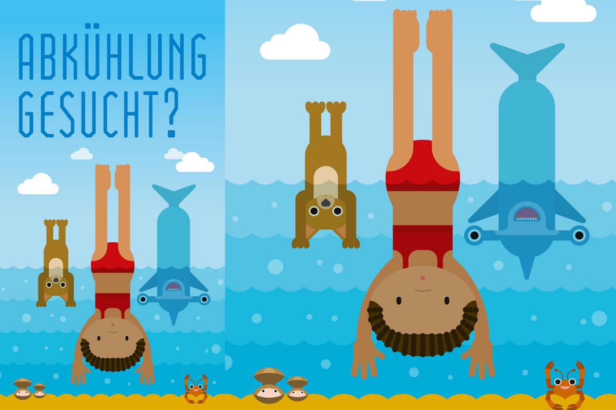 Illustration einer Frau, eines Hundes und eines Hais, die kopfüber ins Wasser tauchen